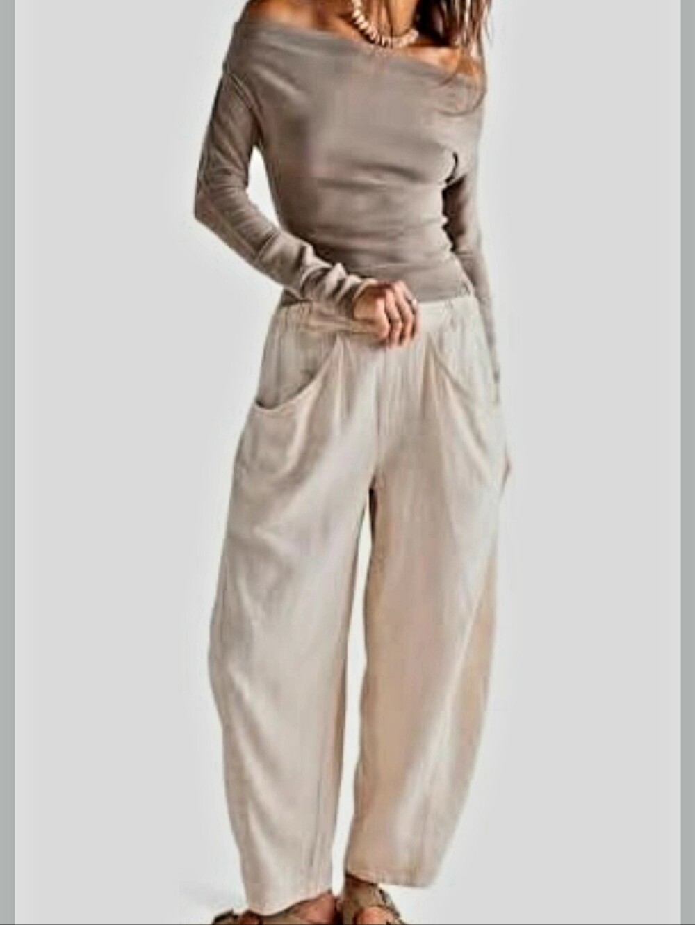 Free People Relaxed Wide-Leg Linen Pants in Taupe